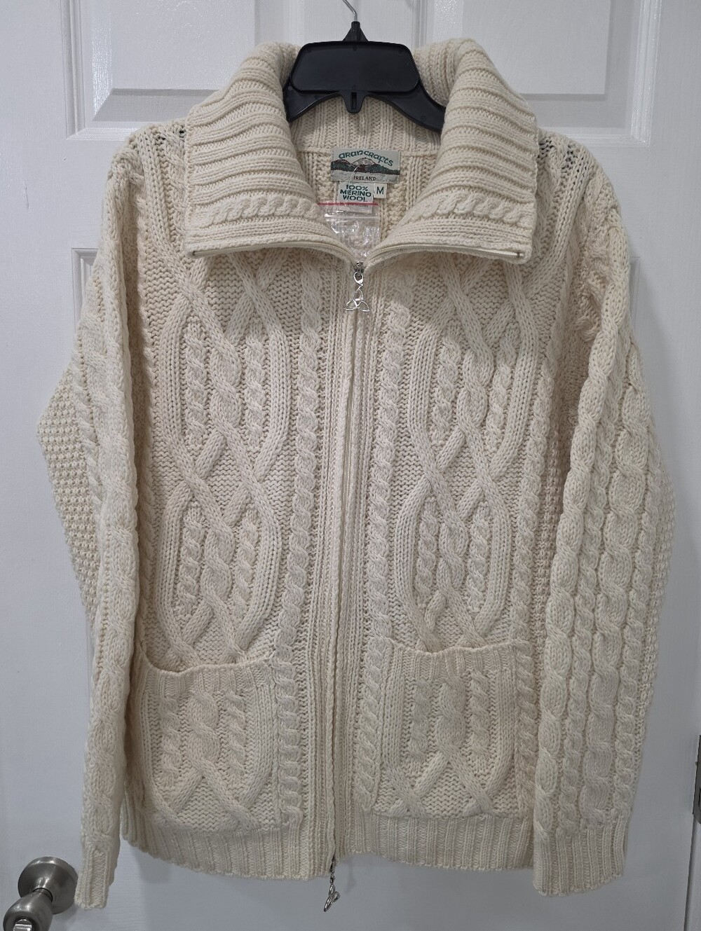 Aran Crafts Ireland 100% Merino Wool Full Zip Cable Knit Cardigan Sweater - Picture 3 of 8